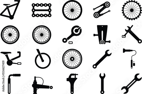 Collection of Bicycle Parts and Repair Tools in Black Silhouette on White Background