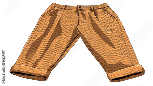 A digital illustration of a pair of mustard yellow pleated trousers. The trousers are depicted in a slightly stylized manner, suggesting a vintage or retro aesthetic. The illustration shows a front