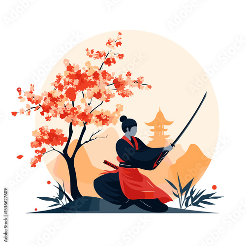 Samurai warrior kneeling with sword under cherry blossom tree  