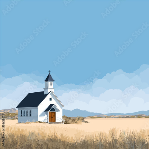 Peaceful white country church in rural meadow under dramatic cloudy sky - faith, spirituality, and small-town America concept