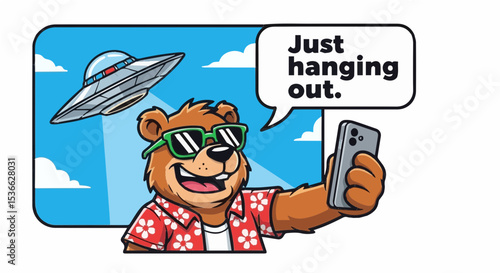 Cartoon bear selfie with UFO in the background
