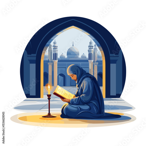 Muslim woman reading Quran while sitting in a mosque with candlelight  