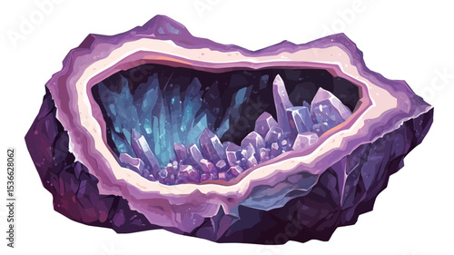 Digital illustration of an amethyst geode. The geode is depicted as a hollowed-out purple and pink rock, with a visible interior cavity filled with various crystalline formations.  