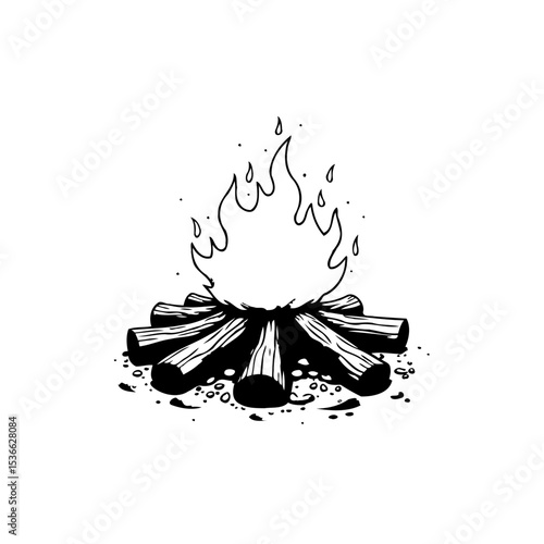 Stylized campfire drawing for warmth and cooking, rustic wood logs burning nicely