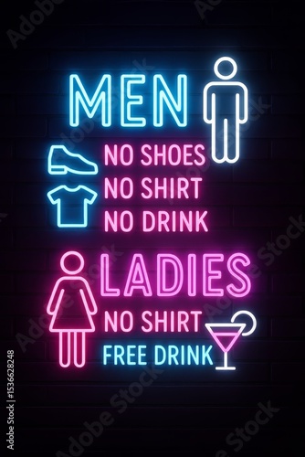 Humorous Neon Bar Entrance Sign with Dress Code Rules for Men and Women
