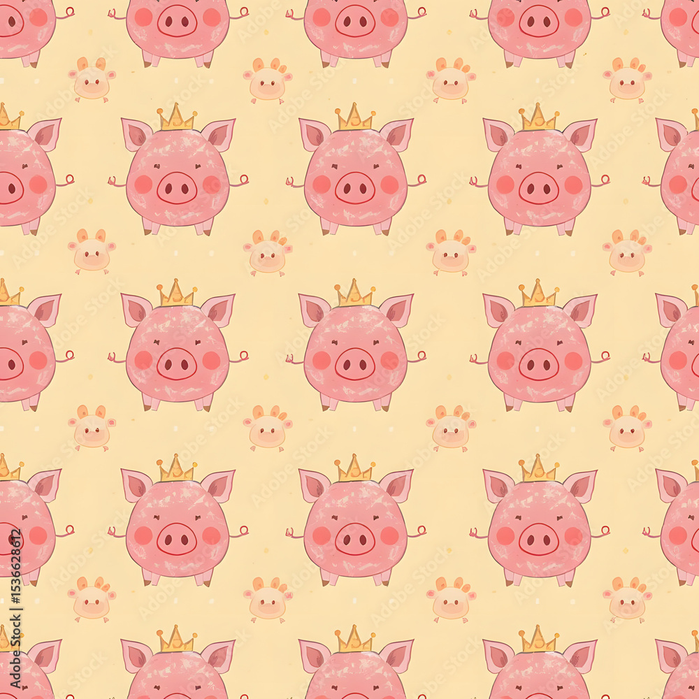 Royal Pig Pattern: Delightful pattern featuring adorable, crowned pigs, conveying joy and whimsy. Perfect for children's designs, creating a cheerful and playful vibe. Royal Pig Pattern: Delightful pattern featuring adorable, crowned pigs, conveying joy and whimsy. Perfect for children's designs, creating a cheerful and playful vibe.