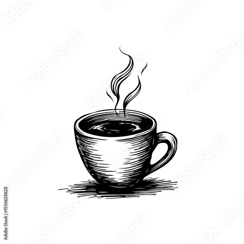 Elegant Sketch of Steaming Coffee Cup with Intricate Shading and Subtle Vapor