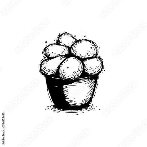 Hand-drawn illustration of a pot overflowing with organic produce or treats