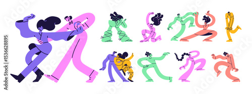 Set of funny dancing people. Happy characters enjoy the disco, move to the music. Colourful men and women have fun at the party. Dancers perform in a club. Flat isolated vector illustrations on white