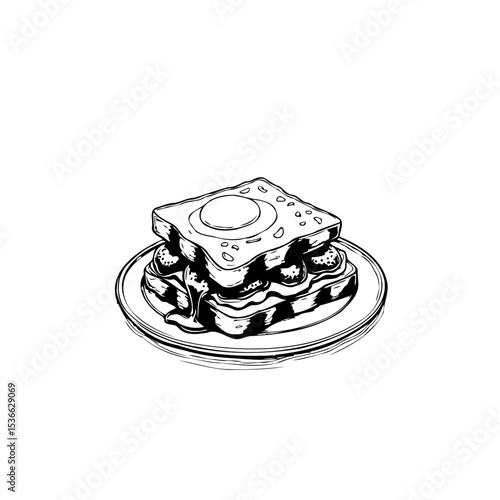 Hand-Drawn Illustration of Croque Madame Sandwich with Fried Egg on White Background