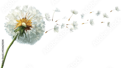 Close-up macro photograph of a dandelion seed head with numerous seeds blowing away in the wind against a pure white background. The image shows a high level of detail in the texture and form of