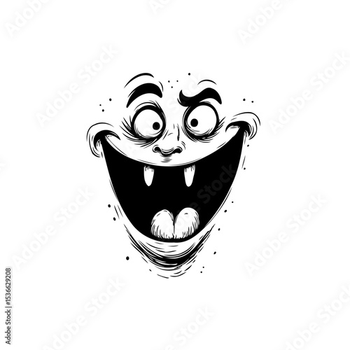 Cartoonish character face with exaggerated features and a wide, toothy grin