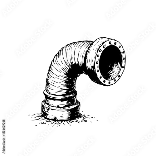 Monochromatic Hand-Drawn Illustration of an Industrial Pipe Fitting on White Background
