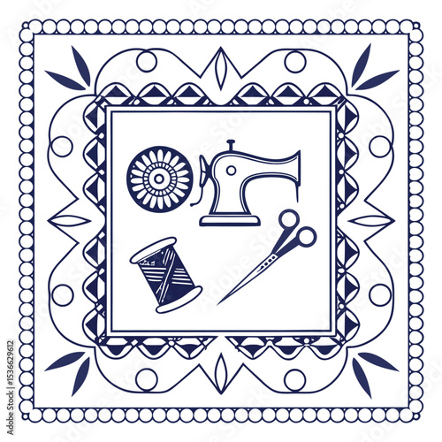 Geometric Needlework Frame with Stitching Sewing and Cat Illustration Elements