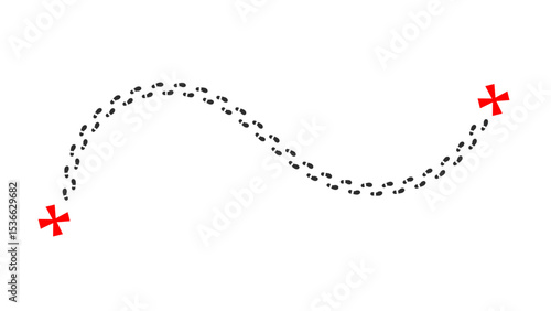 Man footprints and map pins isolated on white background.	
