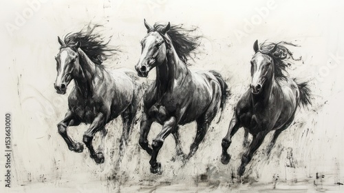 Three galloping horses in monochrome