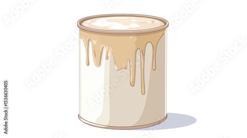 A digital illustration of a cylindrical can of condensed milk. The can is off-white with a slightly darker beige top and drips of condensed milk running down the side. The milk inside appears
