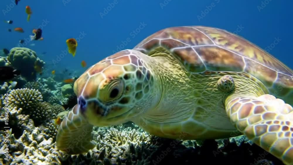 Close-up of sea turtle swimming over coral reef with clear water and fish around — vivid, immersive marine nature scene Close-up of sea turtle swimming over coral reef with clear water and fish around — vivid, immersive marine nature scene