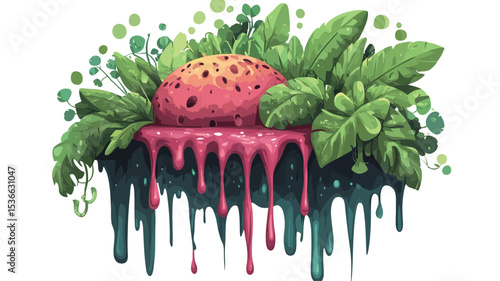 The image is a digital illustration featuring a stylized, possibly strawberry-like fruit in shades of pink and red.  The fruit appears to be melting or dripping with a dark teal or black substance.