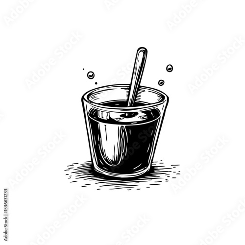 Detailed monochrome drawing of a glass of coffee with a spoon and tiny bubbles