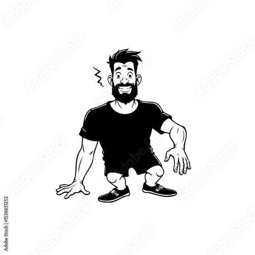 Cartoon man with a beard crouching and looking surprised in black and white