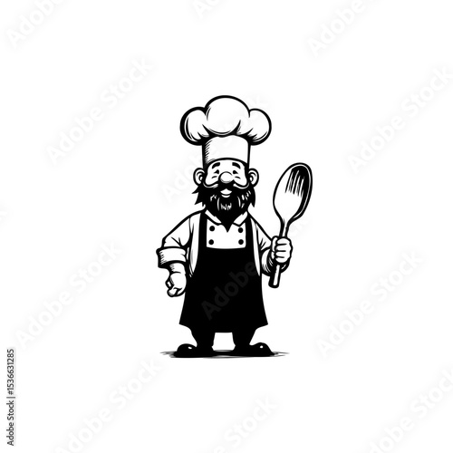 Cartoon-style chef with a happy expression holding a spoon in a restaurant setting