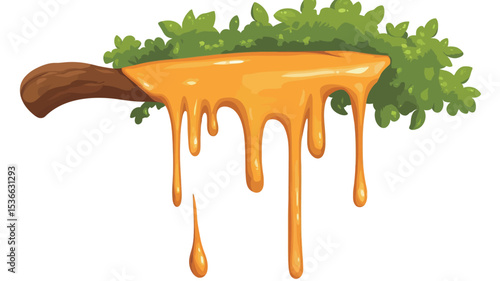 A digital illustration depicting a wooden-handled knife with a generous amount of golden honey dripping from its blade.  The honey has a viscous, flowing texture with several droplets falling from