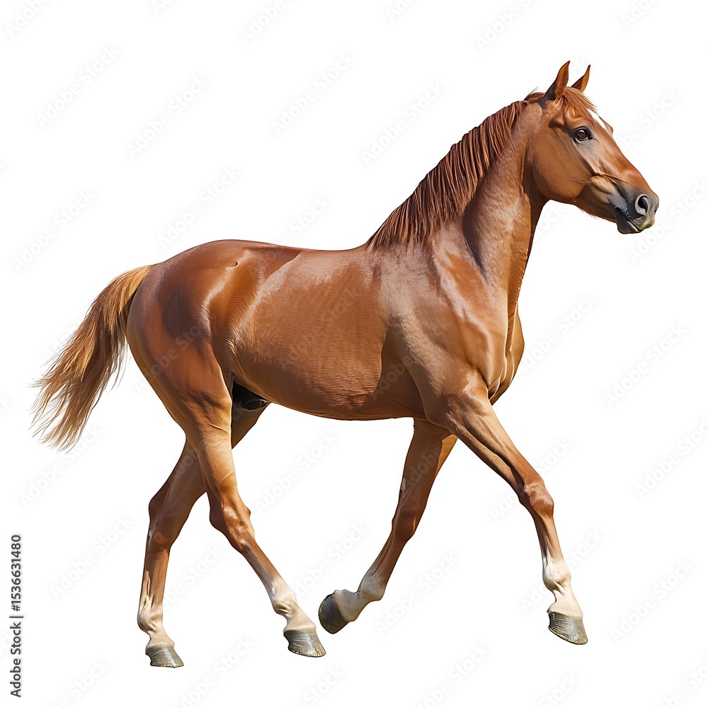Fototapeta premium A beautiful chestnut horse in full stride, isolated on a white background.