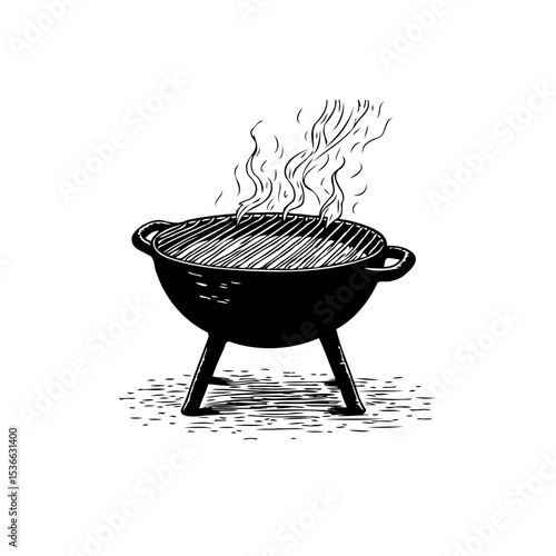Monochrome grill sketch with rising smoke, illustrating barbecue preparation
