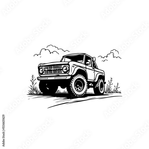 Classic Off-Road Vehicle Illustration with Nature Elements and a Cloudy Sky Line