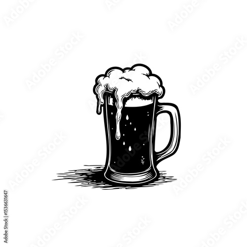 Detailed monochrome illustration of a frothy beer in a classic mug design