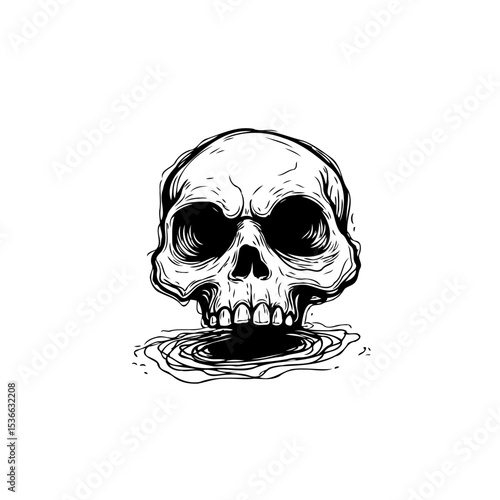 Disturbing black and white skull illustration with swirling dark water beneath the jaw