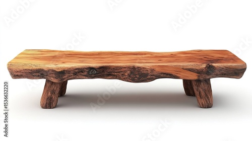 A rustic wooden bench made from natural tree logs with a textured surface and sturdy legs, showcasing organic craftsmanship.