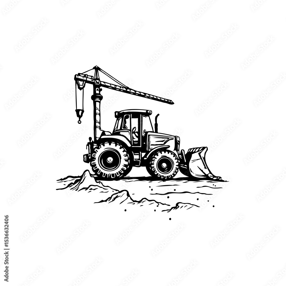 Fototapeta premium Monochrome depiction of a heavy-duty construction vehicle on a rough terrain landscape