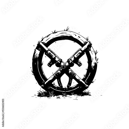 Emblem of crossed assault rifles within a rugged circle, a symbol of defense