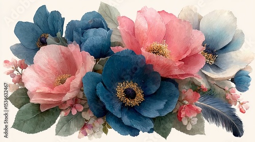 Wallpaper Mural Vintage floral watercolor bouquet with pink roses and blue blossoms, accented by delicate feathers, softly lit and isolated on white background, romantic botanical art illustration

 Torontodigital.ca