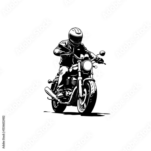 Monochrome vector illustration of a motorcyclist riding a vintage motorcycle