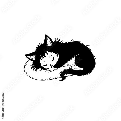 Adorable monochrome illustration of a whimsical cat-girl sleeping peacefully on a cushion