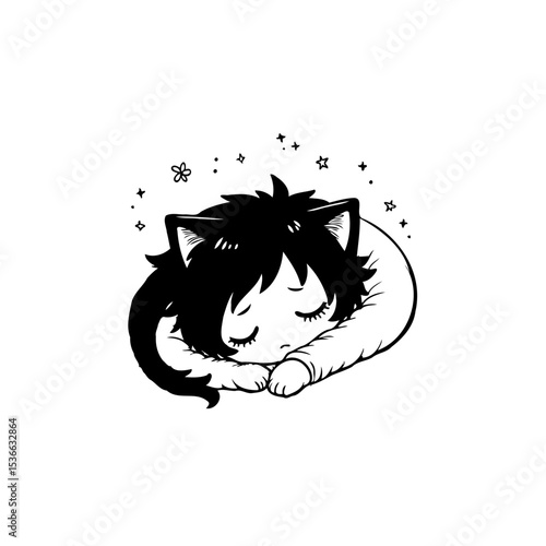 Charming Cartoon Cat Girl Sleeping Peacefully Amidst Floating Stars and Flowers