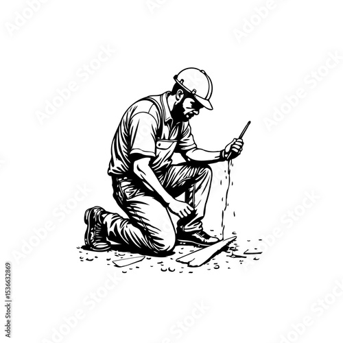 Focused worker wearing a hard hat inspects the ground with a tool in hand
