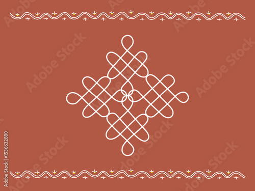 Traditional Indian Rangoli Pattern, Intricate Auspicious Design for Diwali Greeting Card, Wedding Invitation, Ethnic Decoration, Brown Background, Vector Illustration