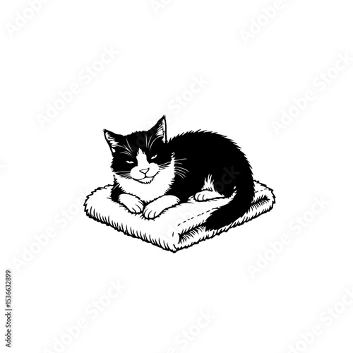 Elegant monochrome illustration of a relaxed tuxedo cat resting comfortably on a cushion