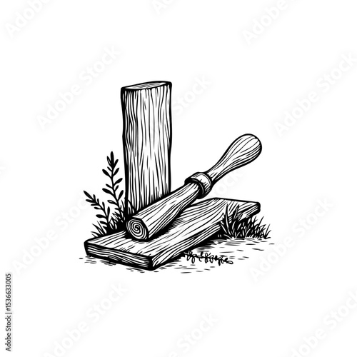 Detailed Woodworking Still Life: Hand-Drawn Illustration of Wood, Chisel and Logs