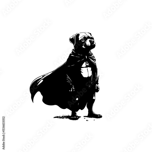 Black and white vector illustration of a dog in a superhero costume standing tall