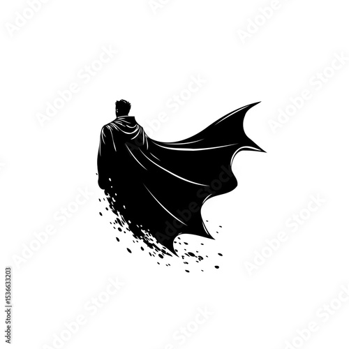 Silhouette of a heroic figure in a flowing cape, symbolizing strength and power