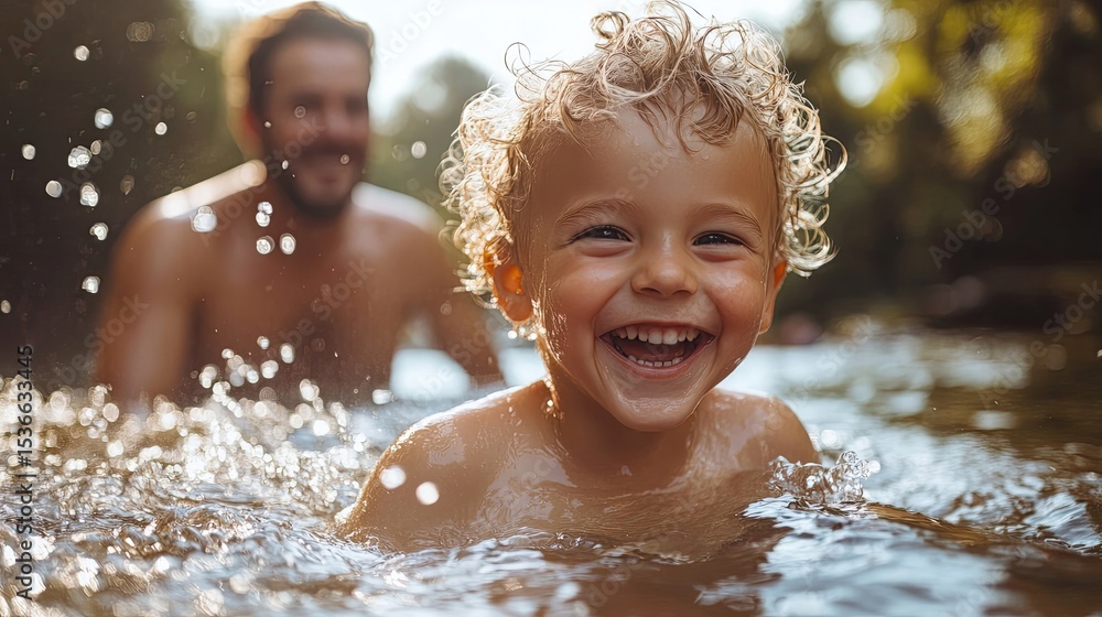 Joyful toddler laughing in cool water embracing summer fun with dad and sun Joyful toddler laughing in cool water embracing summer fun with dad and sun