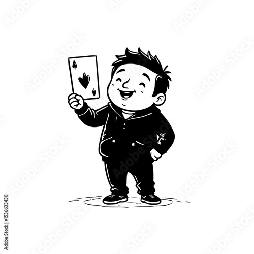 Cartoon illustration of a cheerful boy holding up a playing card with a heart