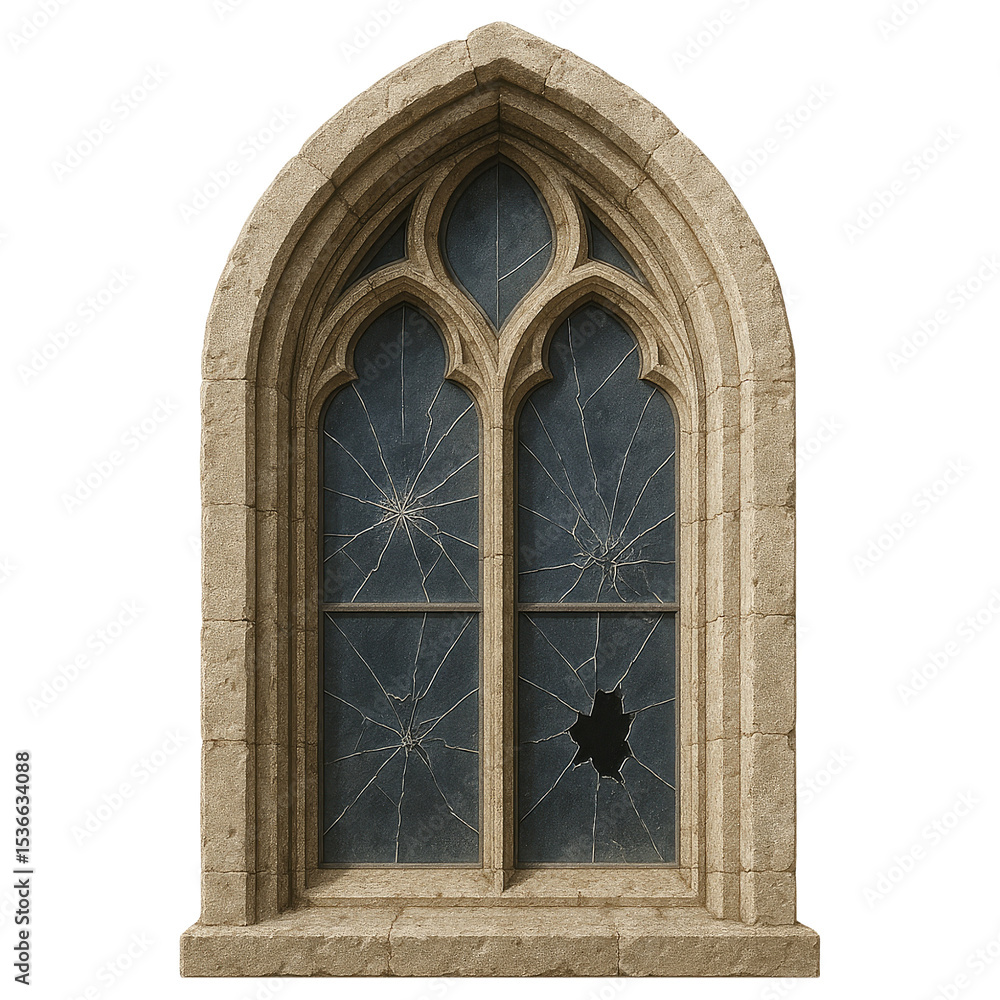Fototapeta premium Gothic Style Stone Window with Broken Glass Damaged Medieval Architecture Detail