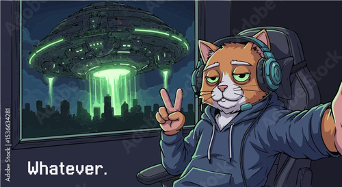 Gamer cat making peace sign with alien invasion behind