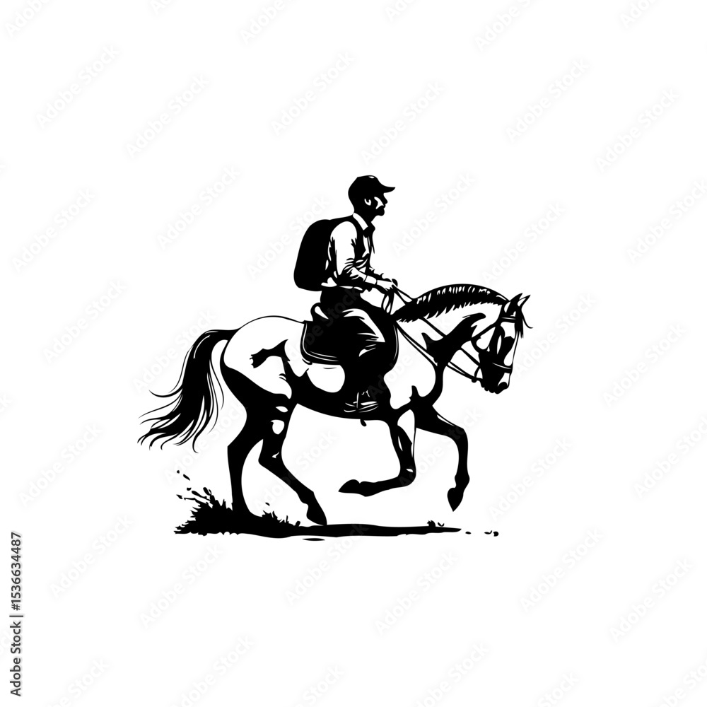 Obraz premium Monochromatic illustration of a man riding a horse showcasing a vintage equestrian style